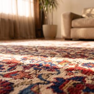 Ivory Small Size Antique Tribal Persian Malayer Scatter Area Rug (SKU 20458) - in-room detail
