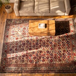 Ivory Small Size Antique Tribal Persian Malayer Scatter Area Rug (SKU 20458) - styled overhead view