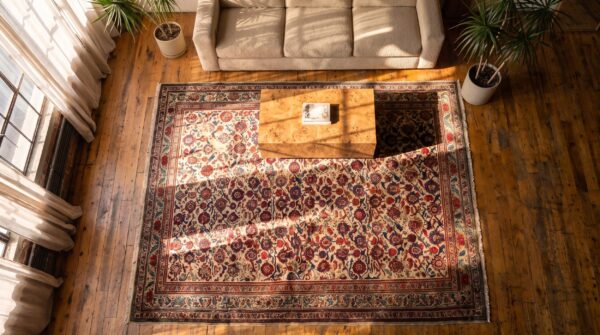 Ivory small size antique tribal persian malayer scatter area rug 2 Ivory small size antique tribal persian malayer scatter area rug (sku 20458) - styled overhead view