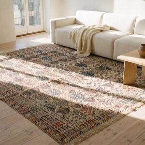 Ivory Antique Square Caucasian Verneh Kilim Tribal Geometric Rug (SKU 21919) - room view
