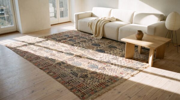 Ivory antique square caucasian verneh kilim tribal geometric rug 6 Ivory antique square caucasian verneh kilim tribal geometric rug (sku 21919) - room view