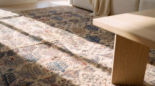 Ivory antique square caucasian verneh kilim tribal geometric rug 7 Ivory antique square caucasian verneh kilim tribal geometric rug (sku 21919) - in-room detail