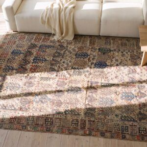 Ivory Antique Square Caucasian Verneh Kilim Tribal Geometric Rug (SKU 21919) - styled overhead view