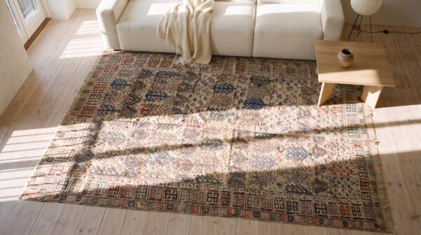 Ivory antique square caucasian verneh kilim tribal geometric rug 2 Ivory antique square caucasian verneh kilim tribal geometric rug (sku 21919) - styled overhead view