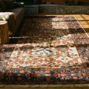 Ivory Tribal Allover Design Antique Persian Wool Pile Bakshaish Rug (SKU 23841) - styled overhead view