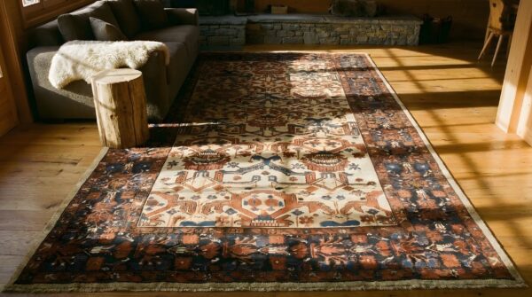 Ivory tribal allover design antique persian wool pile bakshaish rug 2 Ivory tribal allover design antique persian wool pile bakshaish rug (sku 23841) - styled overhead view