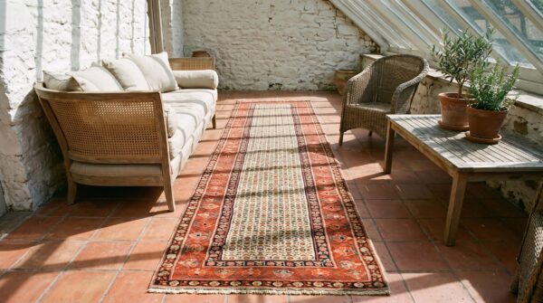 Ivory antique tribal allover late 19th century persian malayer hallway runner rug (sku 22338) - room view