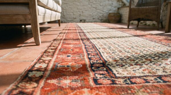 Ivory antique tribal allover late 19th century persian malayer hallway runner rug (sku 22338) - in-room detail