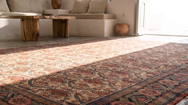Ivory antique tribal allover pattern persian hand knotted malayer rug 6 Ivory antique tribal allover pattern persian hand knotted malayer rug (sku 21562) - in-room detail