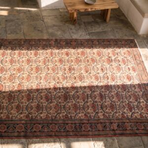 Ivory Antique Tribal Allover Pattern Persian Hand Knotted Malayer Rug (SKU 21562) - styled overhead view