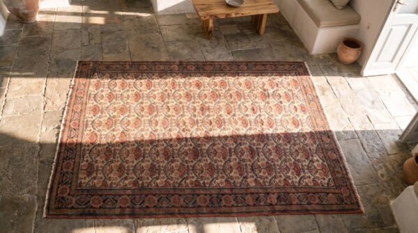Ivory antique tribal allover pattern persian hand knotted malayer rug 2 Ivory antique tribal allover pattern persian hand knotted malayer rug (sku 21562) - styled overhead view