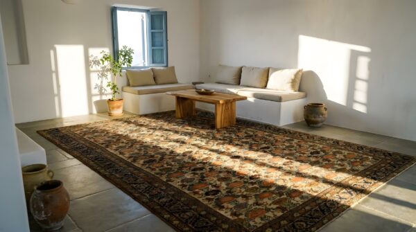 Ivory antique tribal floral pattern persian room size wool pile malayer rug (sku 23755) - room view