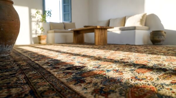Ivory antique tribal floral pattern persian room size wool pile malayer rug (sku 23755) - in-room detail