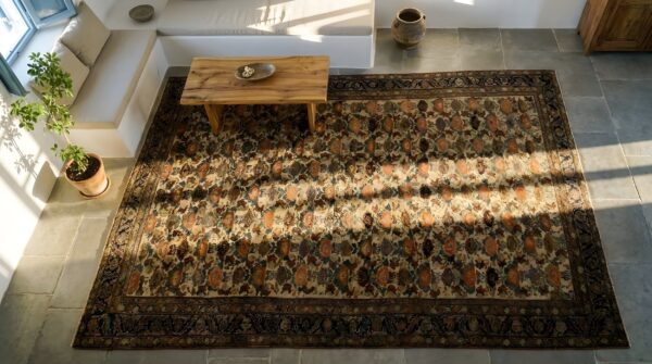 Ivory antique tribal floral pattern persian room size wool pile malayer rug (sku 23755) - styled overhead view
