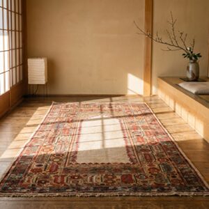 Ivory Antique Tribal Geometric Late 19th Century Turkish Ghiordes Turkish Muslim Prayer Rug (SKU 19669) - room view