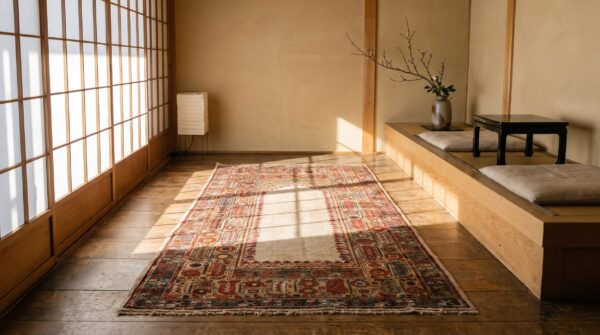 Ivory antique tribal geometric late 19th century turkish ghiordes turkish muslim prayer rug (sku 19669) - room view
