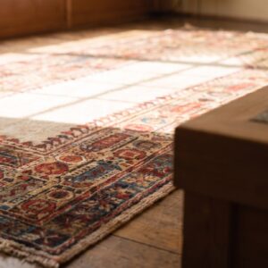 Ivory Antique Tribal Geometric Late 19th Century Turkish Ghiordes Turkish Muslim Prayer Rug (SKU 19669) - in-room detail