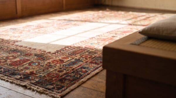 Ivory antique tribal geometric late 19th century turkish ghiordes turkish muslim prayer rug (sku 19669) - in-room detail