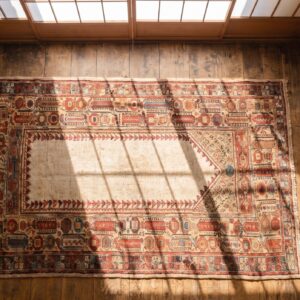 Ivory Antique Tribal Geometric Late 19th Century Turkish Ghiordes Turkish Muslim Prayer Rug (SKU 19669) - styled overhead view