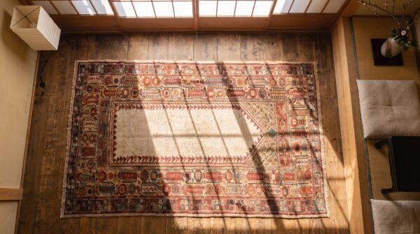 Ivory antique tribal geometric late 19th century turkish ghiordes turkish muslim prayer rug (sku 19669) - styled overhead view