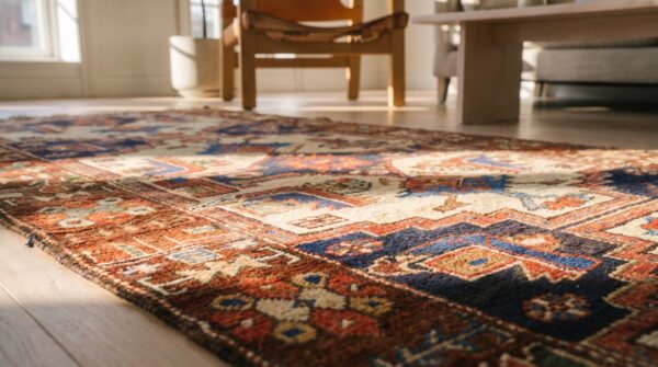 Ivory antique tribal geometric northwest persian wool hallway runner rug 12 Ivory antique tribal geometric northwest persian wool hallway runner rug (sku 18760) - in-room detail
