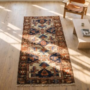 Ivory Antique Tribal Geometric Northwest Persian Wool Hallway Runner Rug (SKU 18760) - styled overhead view