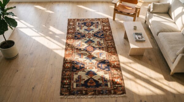 Ivory antique tribal geometric northwest persian wool hallway runner rug 2 Ivory antique tribal geometric northwest persian wool hallway runner rug (sku 18760) - styled overhead view
