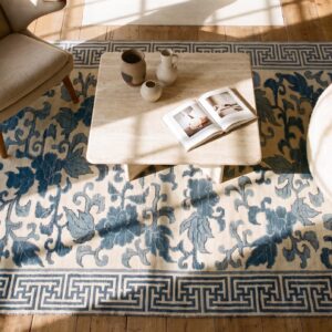 Antique Japanese Japan Knotted Rug (SKU 23301) - styled overhead view