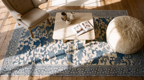 Antique japanese japan knotted rug (sku 23301) - styled overhead view