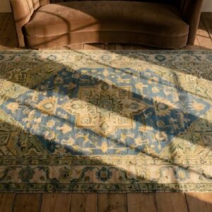 Antique Japanese Small Scatter Size Cotton Ivory Rug (SKU 25628) - styled overhead view