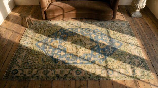 Antique japanese small scatter size cotton ivory rug 2 Antique japanese small scatter size cotton ivory rug (sku 25628) - styled overhead view