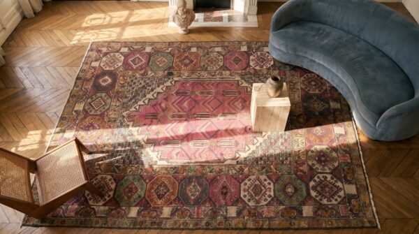 Antique jerusalem carpet israel knotted rug 2 Antique jerusalem carpet israel knotted rug (sku 19640) - styled overhead view