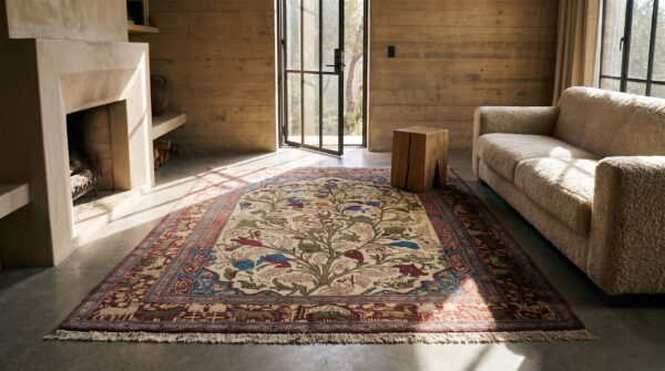 Antique kashan - silk small scatter size wool ivory rug 12 Antique kashan - silk small scatter size wool ivory rug (sku 22670) - room view