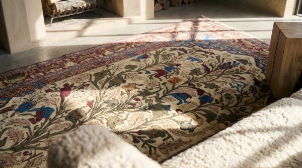Antique kashan - silk small scatter size wool ivory rug 13 Antique kashan - silk small scatter size wool ivory rug (sku 22670) - in-room detail