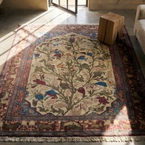 Antique Kashan - Silk Small Scatter Size Wool Ivory Rug (SKU 22670) - styled overhead view