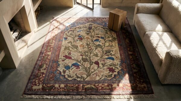 Antique kashan - silk small scatter size wool ivory rug 2 Antique kashan - silk small scatter size wool ivory rug (sku 22670) - styled overhead view