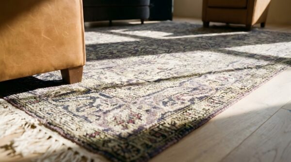 Antique kashan silk small square ivory rug (sku 25818) - in-room detail