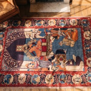 Antique Kashan Small Scatter Size Wool Blue Rug (SKU 21842) - styled overhead view