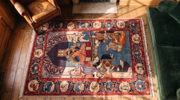 Antique kashan small scatter size wool blue rug 2 Antique kashan small scatter size wool blue rug (sku 21842) - styled overhead view