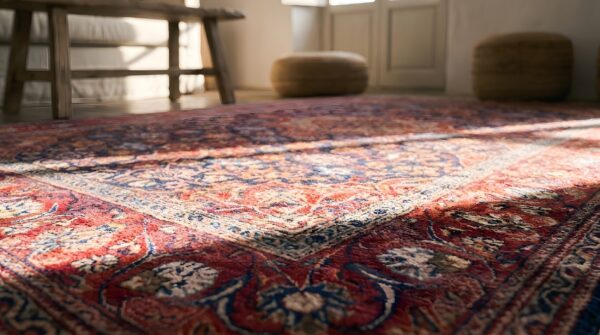 Antique kashan small scatter size wool & silk blue rug 10 Antique kashan small scatter size wool & silk blue rug (sku 22210) - in-room detail
