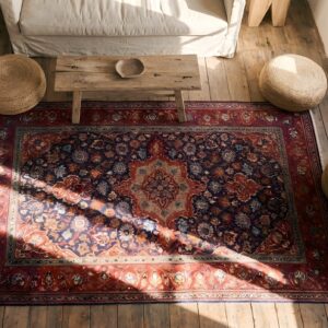Antique Kashan Small Scatter Size Wool & Silk Blue Rug (SKU 22210) - styled overhead view