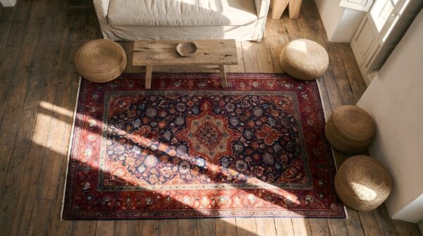 Antique kashan small scatter size wool & silk blue rug 2 Antique kashan small scatter size wool & silk blue rug (sku 22210) - styled overhead view