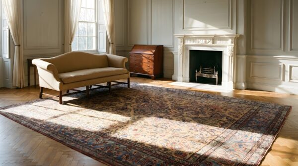 Antique kashan square silk persian ivory 1890s rug 7 Antique kashan square silk persian ivory 1890s rug (sku 23575) - room view