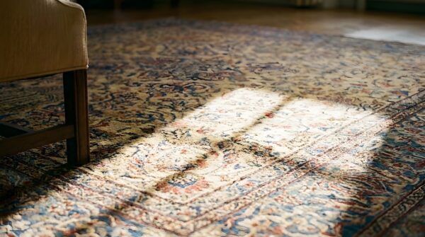 Antique kashan square silk persian ivory 1890s rug 8 Antique kashan square silk persian ivory 1890s rug (sku 23575) - in-room detail