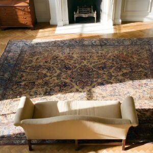 Antique Kashan Square Silk Persian Ivory 1890s Rug (SKU 23575) - styled overhead view
