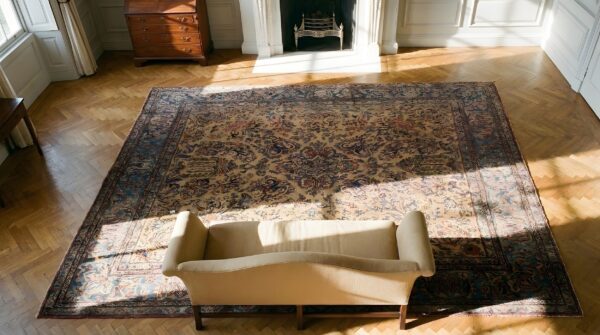 Antique kashan square silk persian ivory 1890s rug 2 Antique kashan square silk persian ivory 1890s rug (sku 23575) - styled overhead view