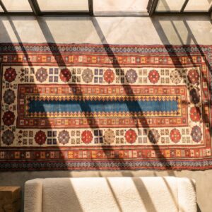 Antique Kazak Caucasian Knotted Rug (SKU 18341) - styled overhead view