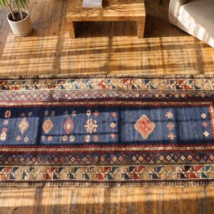 Antique Kazak Caucasian Blue 1880s Hallway Runner Rug (SKU 21711) - styled overhead view
