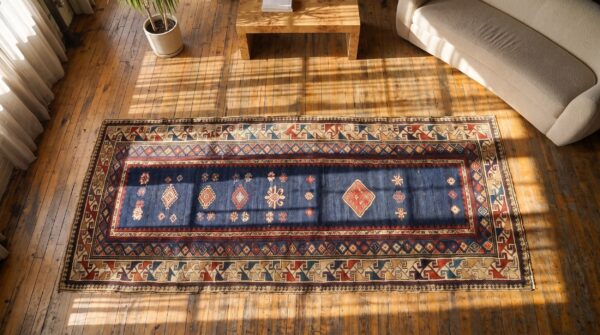 Antique kazak caucasian blue 1880s hallway runner rug (sku 21711) - styled overhead view