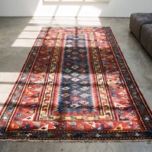Antique Kazak Hallway Runner Wool Blue Rug (SKU 19959) - styled overhead view